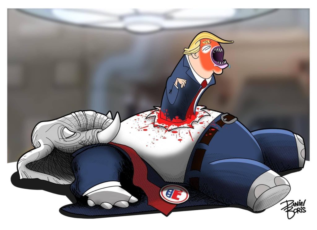 Daniel Boris's Artwork of a Trump alien coming out of a GOP Elephant's chest.